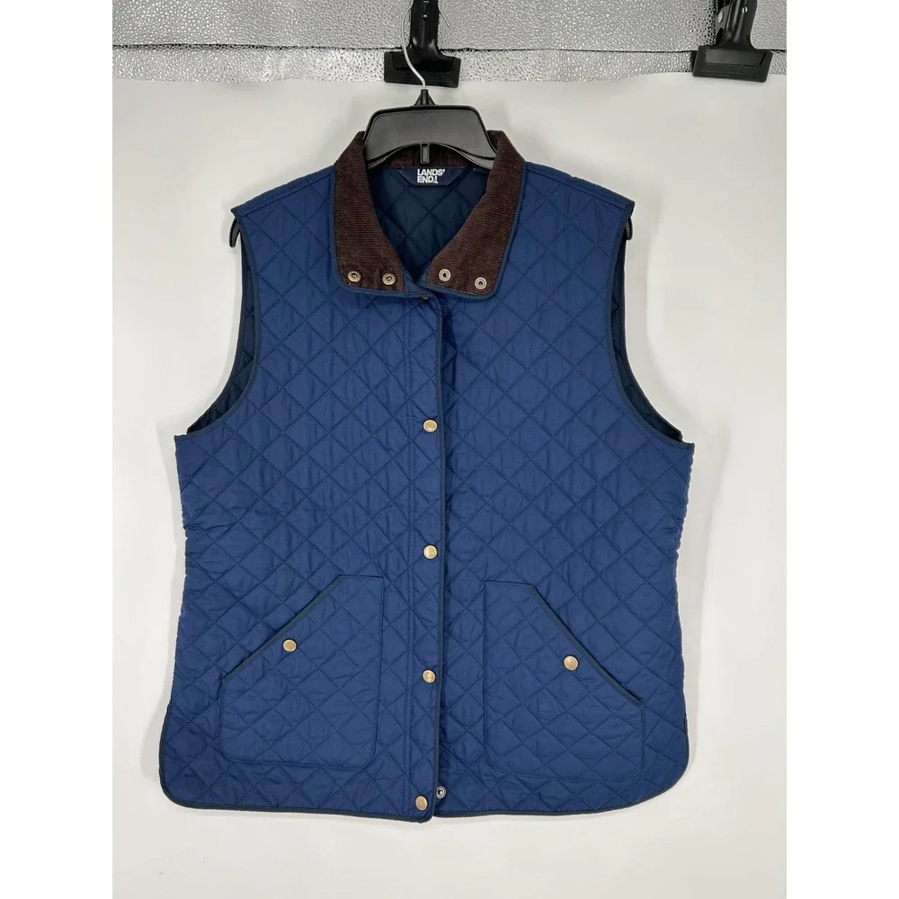 Lands End Quilted Vest Womens Large Barn Chore Corduroy Collar Snap Primaloft